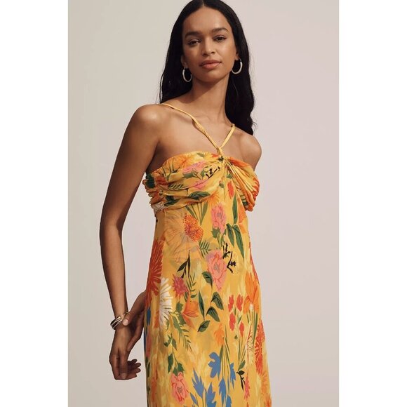 By Anthropologie Halter Slip Dress Yellow Floral S - Picture 3 of 5
